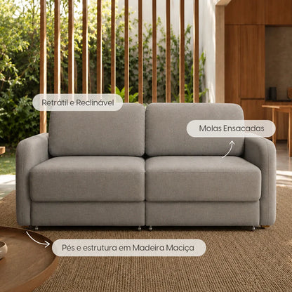 Sofá Cama Retrátil e Reclinável 3 Lugares Hudson 190 cm - Linho Texturizado Cinza