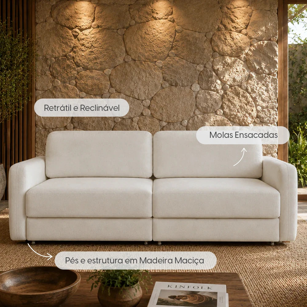 Sofá Cama Retrátil e Reclinável 3 Lugares Hudson 210 cm - Linho Texturizado Bege