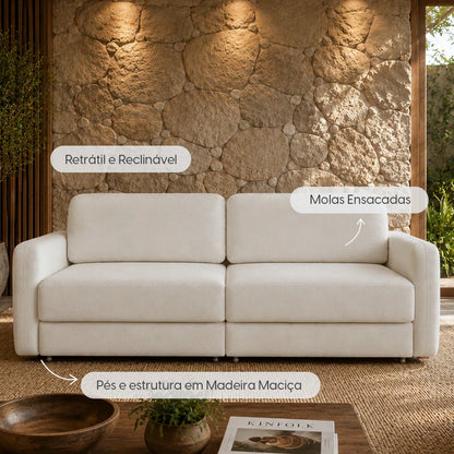 Sofá Cama Retrátil e Reclinável 3 Lugares Hudson 210 cm - Linho Texturizado Bege