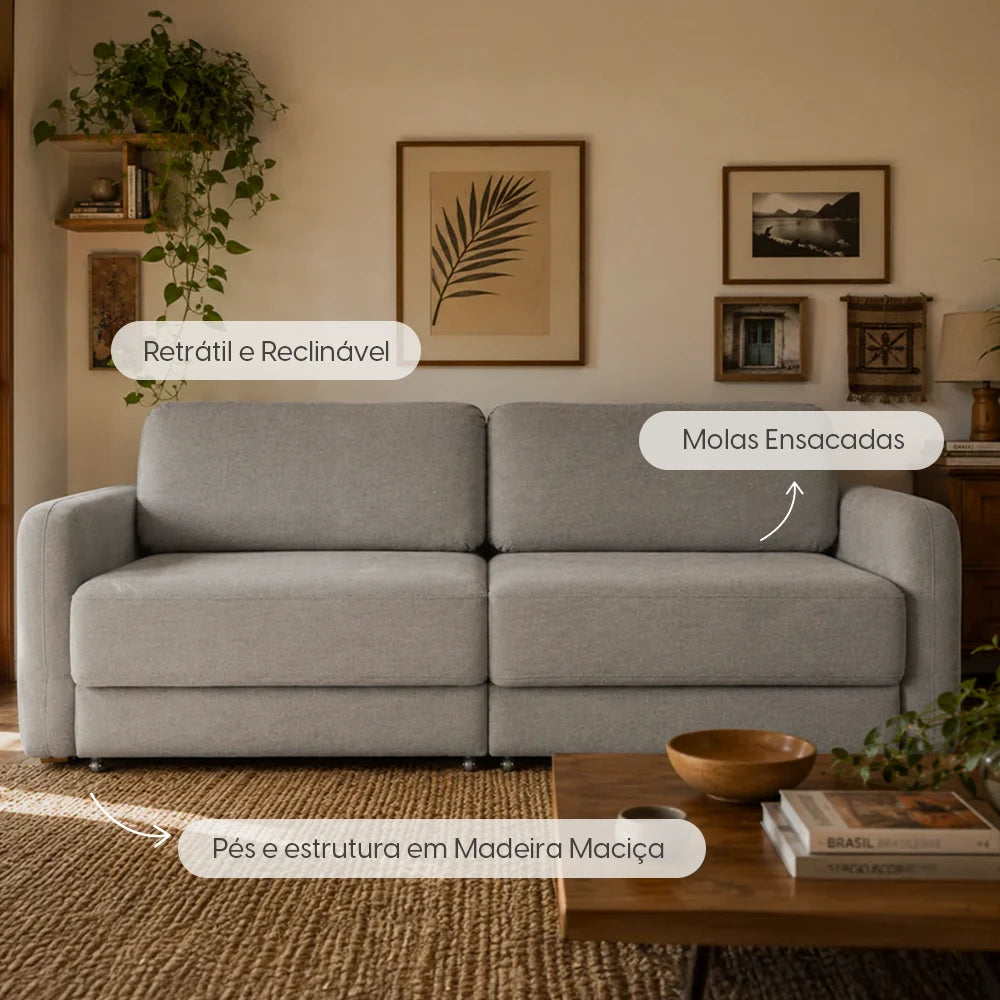 Sofá Cama Retrátil e Reclinável 3 Lugares Hudson 210 cm - Linho Texturizado Cinza