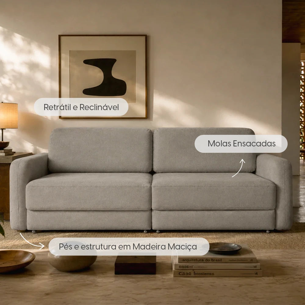 Sofá Cama Retrátil e Reclinável 4 Lugares Hudson 270 cm - Linho Texturizado Cinza