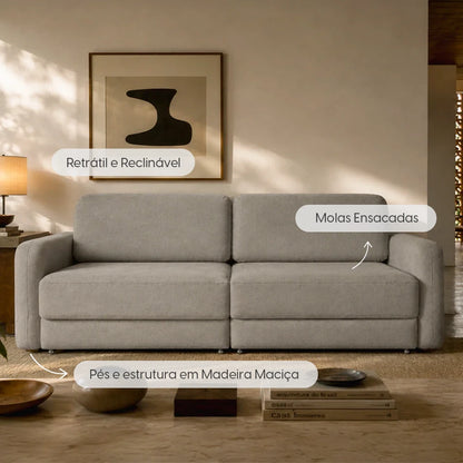 Sofá Cama Retrátil e Reclinável 4 Lugares Hudson 270 cm - Linho Texturizado Cinza