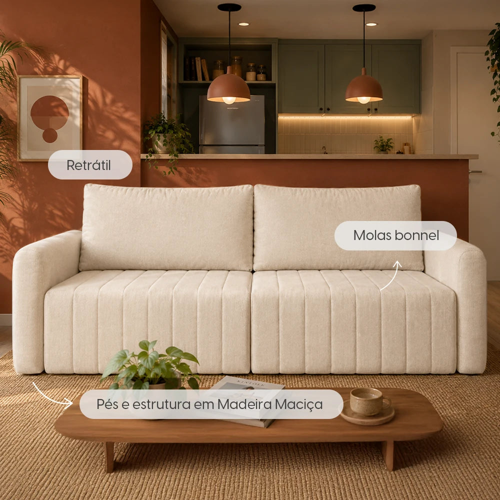 Sofá Retrátil 2 Lugares Nápole 170 cm - Linho Texturizado Bege