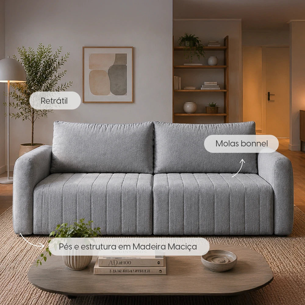 Sofá Retrátil 2 Lugares Nápole 170 cm - Linho Texturizado Cinza