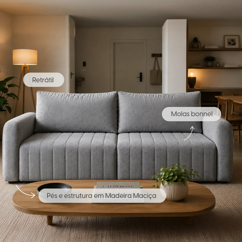 Sofá Retrátil 4 Lugares Nápole 230 cm - Linho Texturizado Cinza