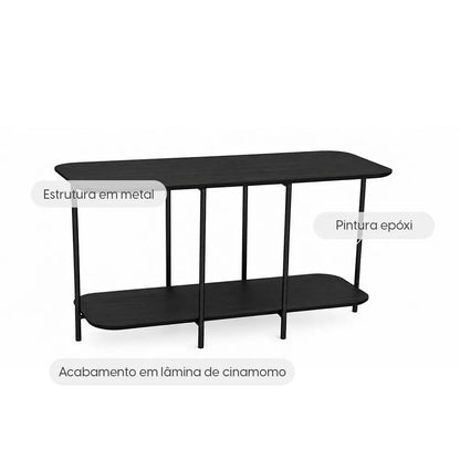 Sofá Table com Tampo em Lâmina de Madeira e pés em Metal Biophilia 140 cm - Preto