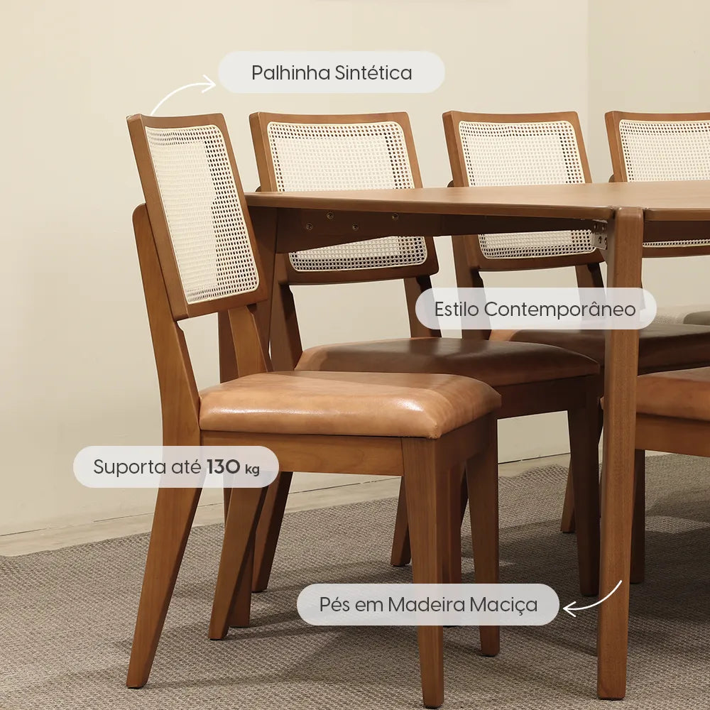 Conjunto de Jantar Mesa Retangular Harmony 8 Cadeiras Saga - Natural c/ Caramelo