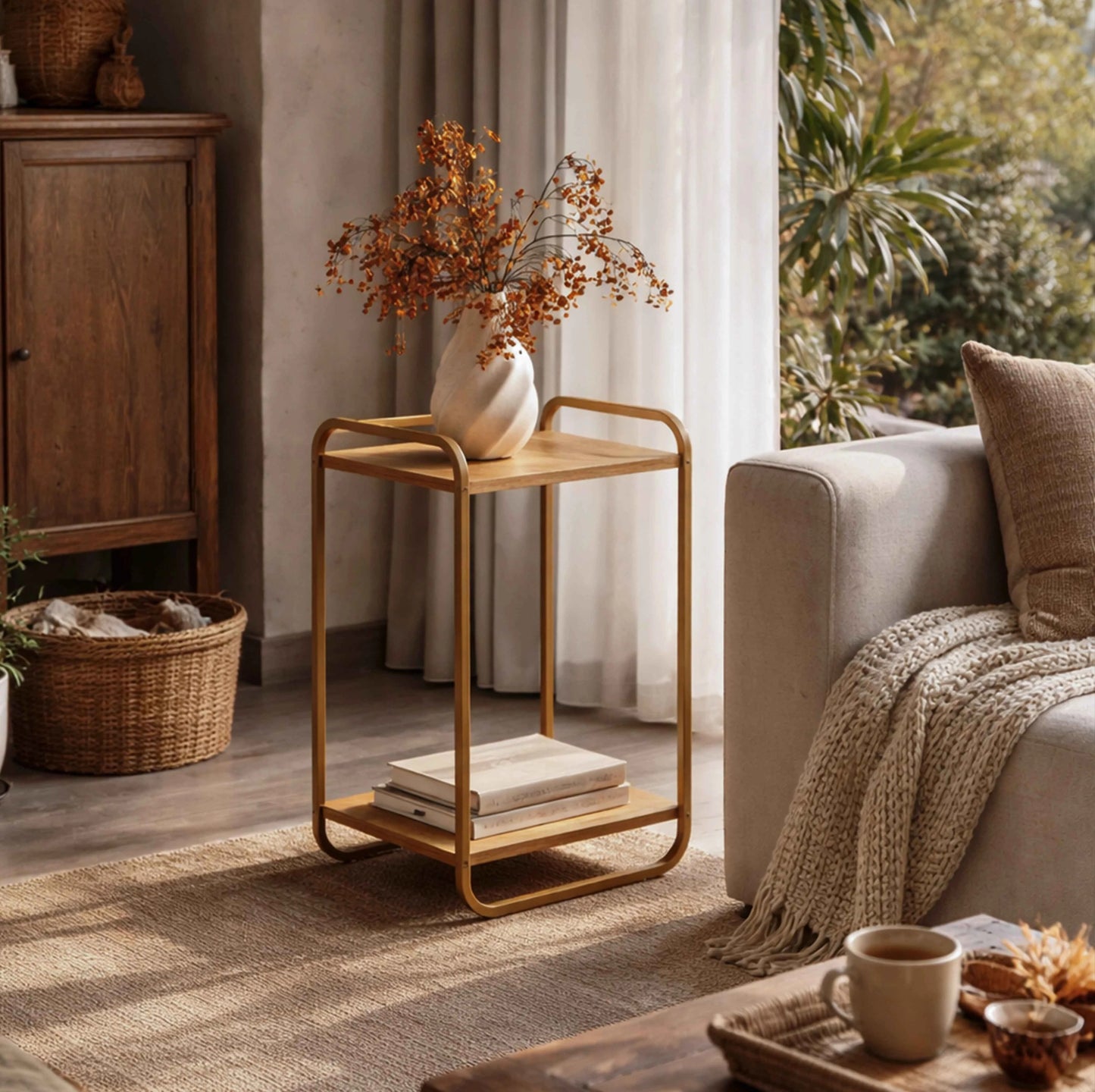 Mesa Lateral Retangular Dunna 33 cm - Mel c/ Dourado