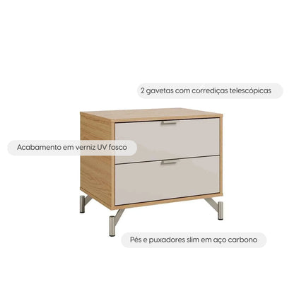 Conjunto 2 Mesas de Cabeceira Altis - Off White Fosco c/ Carvalho - Champanhe