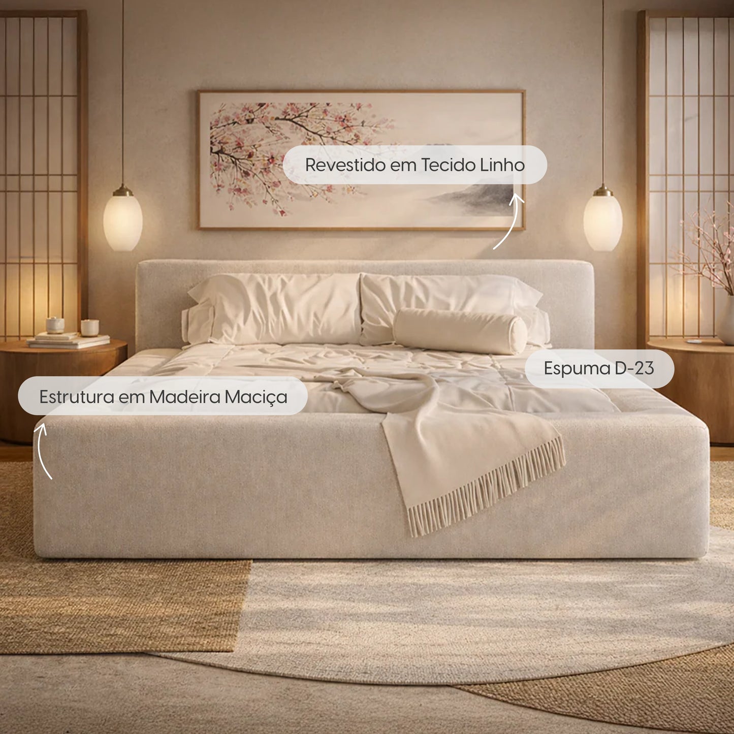 Cama Estofada Queen com Cabeceira Nora - Linho Off White