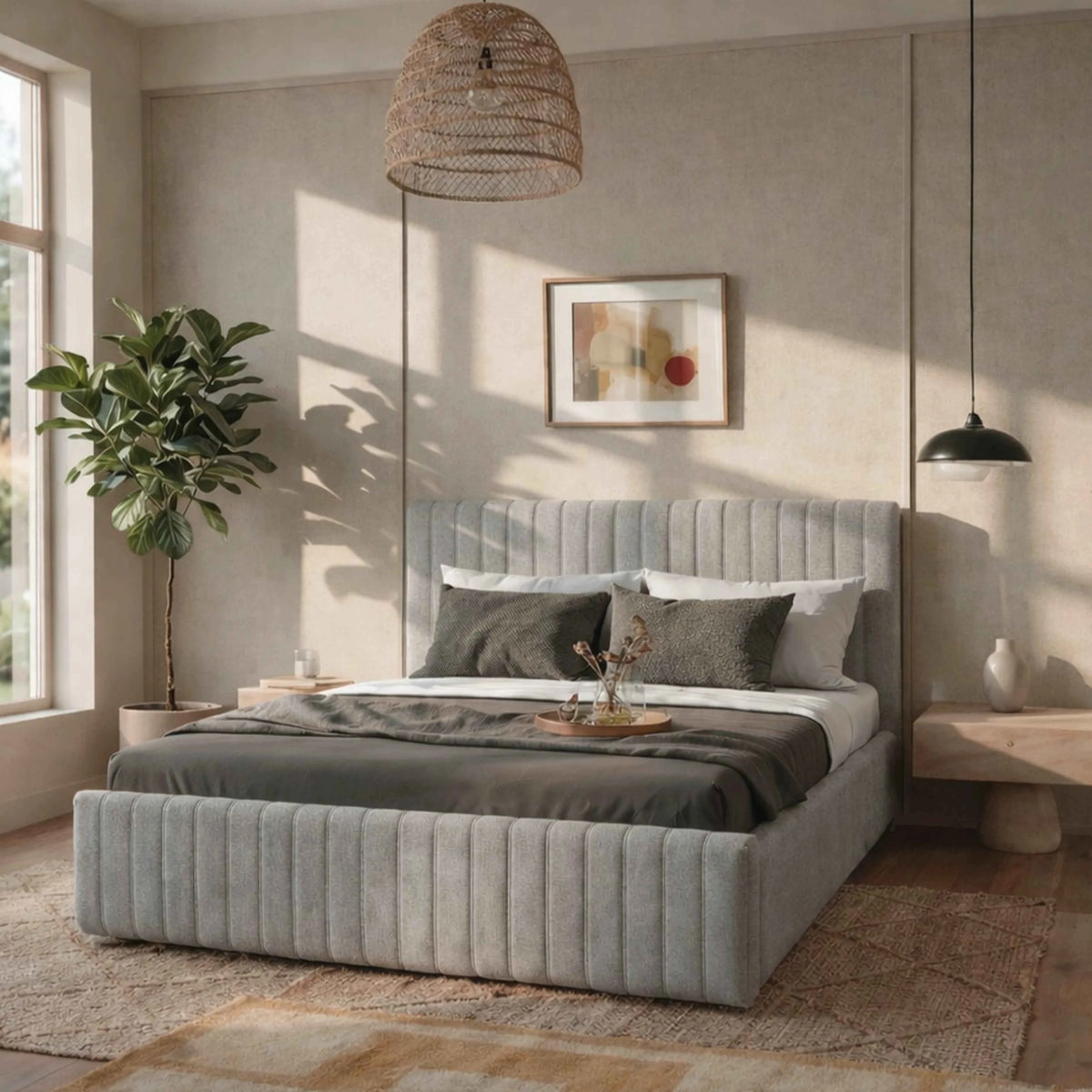 Cama Estofada King com Cabeceira Louise - Linho Cinza