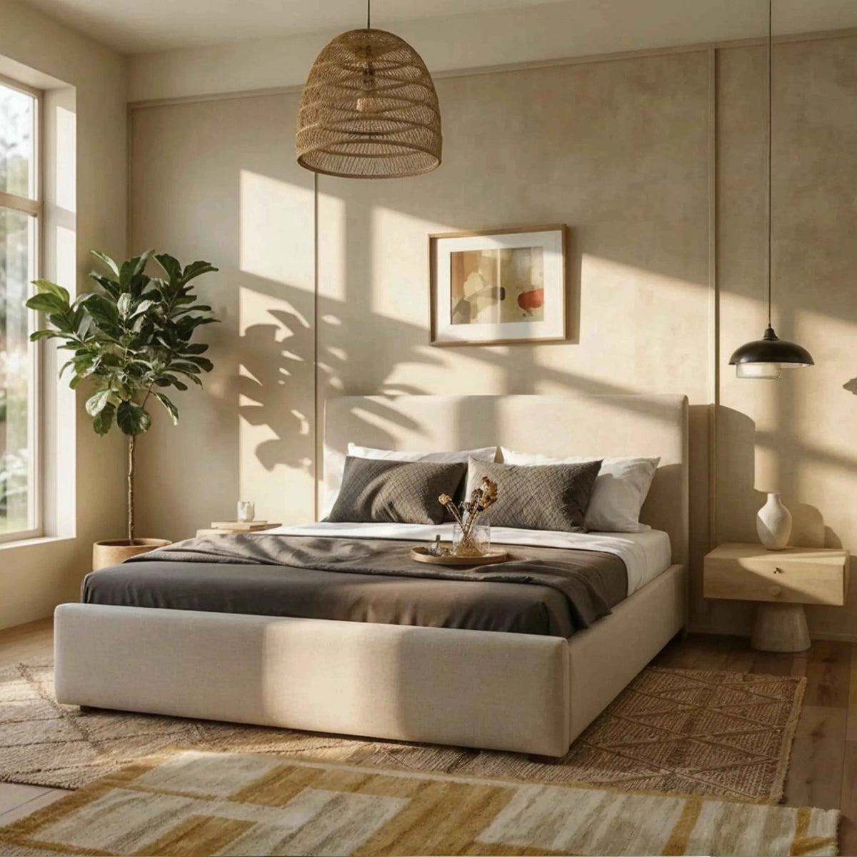 Cama Estofada Queen com Cabeceira Alicia - Linho Off White