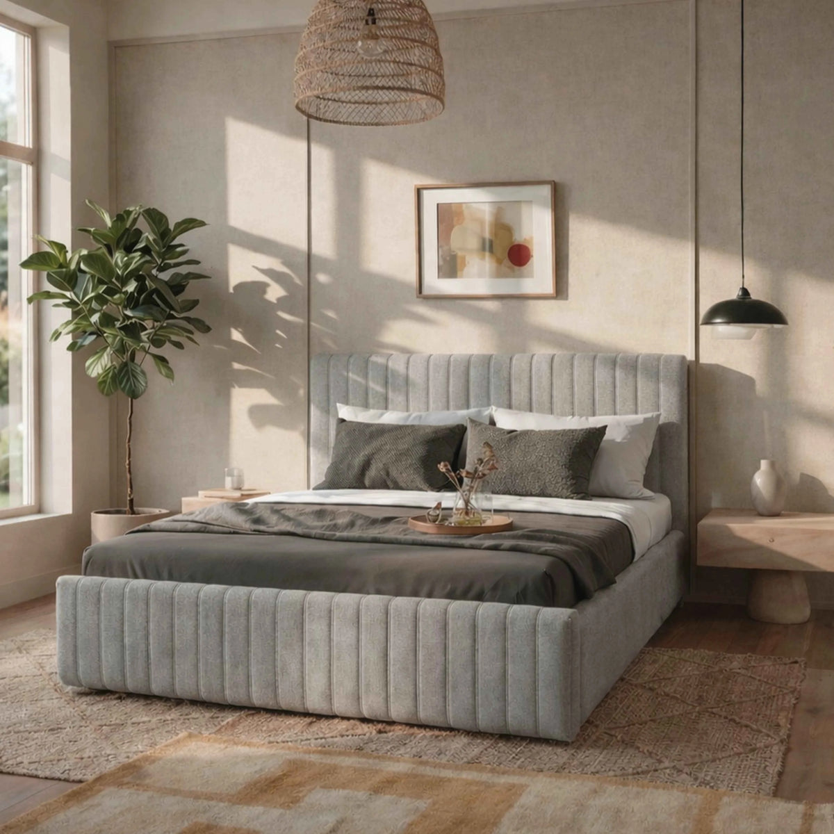 Cama Estofada Queen com Cabeceira Louise - Linho Cinza