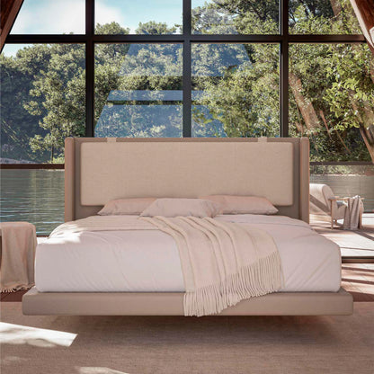 Cama Estofada de Casal Flutuante com Cabeceira Selene - Linho Texturizado Off White c/ PU Fendi