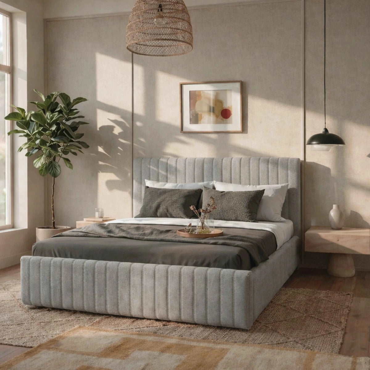 Cama Estofada de Casal com Cabeceira Louise - Linho Cinza