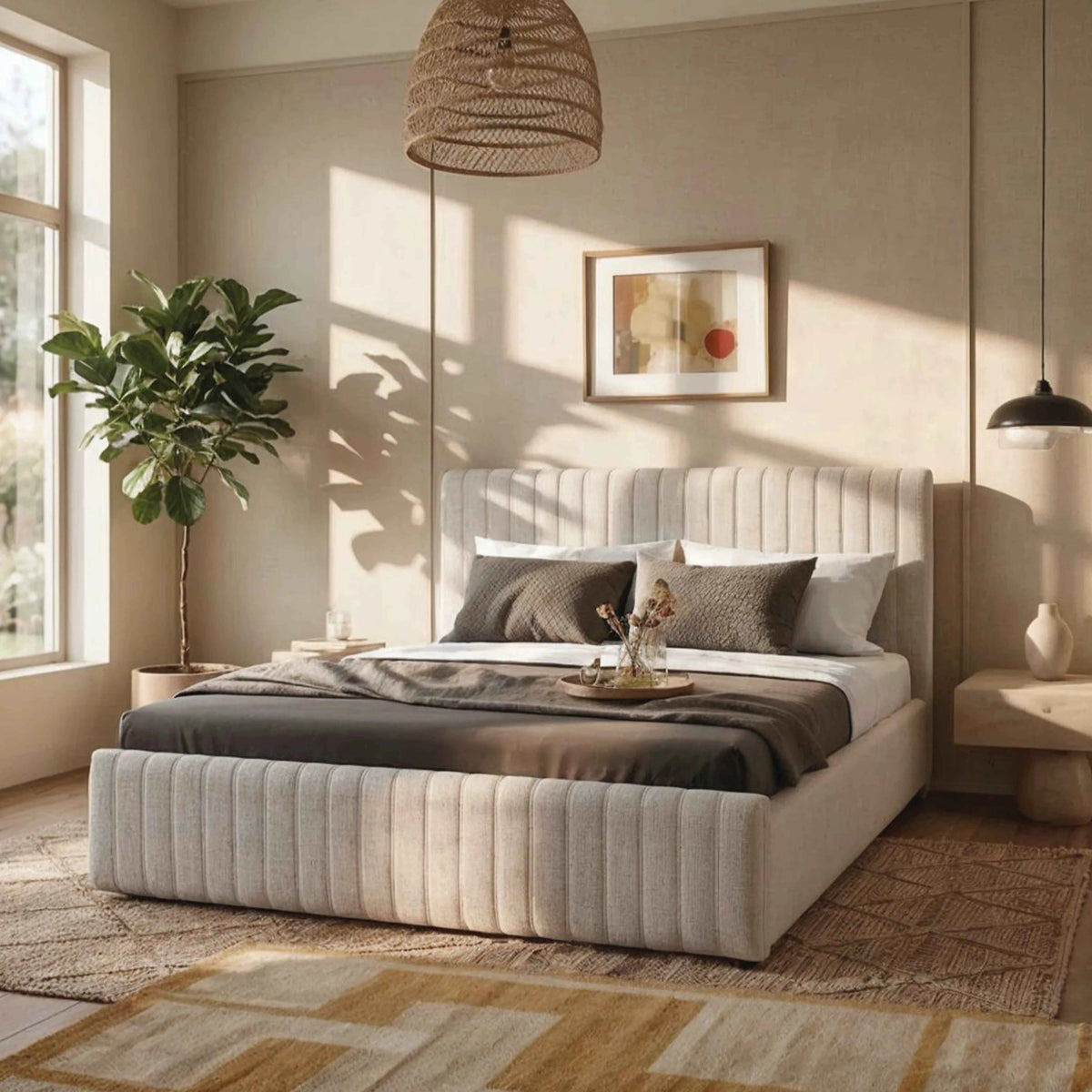 Cama Estofada de Casal com Cabeceira Louise - Linho Off White