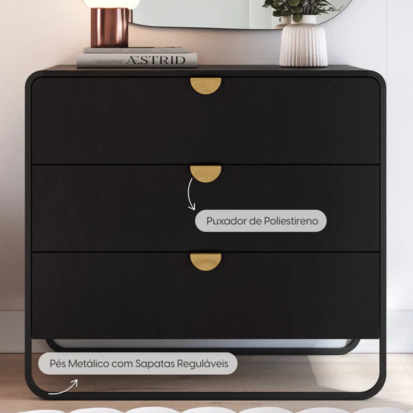 Conjunto 2 Mesas de Cabeceira com 2 Gavetas e Cômoda Dunna - Preto c/ Dourado