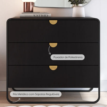 Conjunto 2 Mesas de Cabeceira com 2 Gavetas e Cômoda Dunna - Preto c/ Dourado