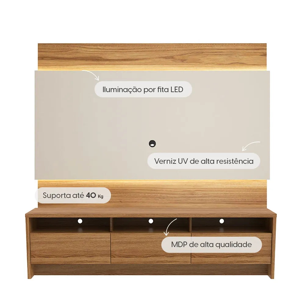 Rack Aspen com Painel New Lincoln para TV até 75” LED 3 Portas 184 cm - Freijó c/ Off White Gloss