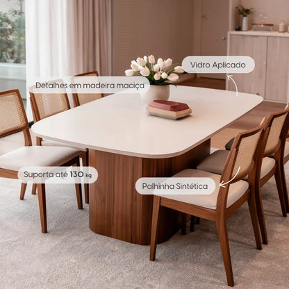 Conjunto de Jantar Mesa Retangular com Vidro Kalina 6 Cadeiras Saga - Canella c/ Cru