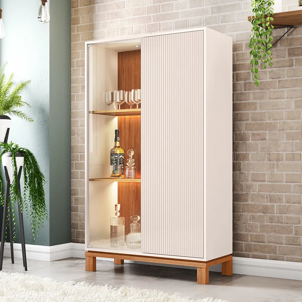 Cristaleira 2 Portas com Vidro e LED Capri 90 cm - Off White c/ Natural