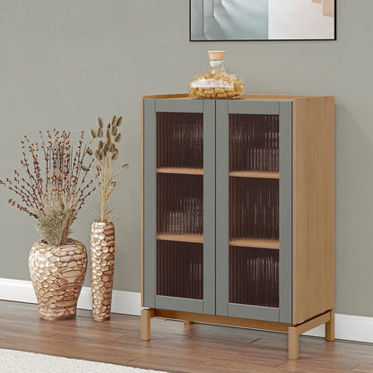 Cristaleira de Madeira Maciça 2 Portas com Vidro Canelado Amsterdã 80 cm - Natural c/ Verde