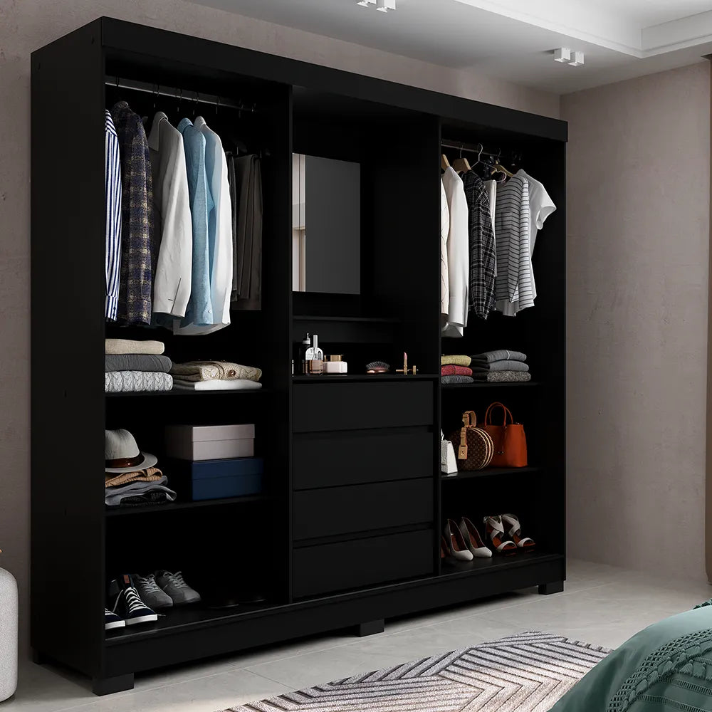 Guarda-Roupa Casal com Espelho 2 Portas de Correr 4 Gavetas Finley 184 cm - Preto