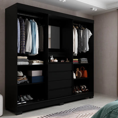 Guarda-Roupa Casal com Espelho 2 Portas de Correr 4 Gavetas Finley 184 cm - Preto
