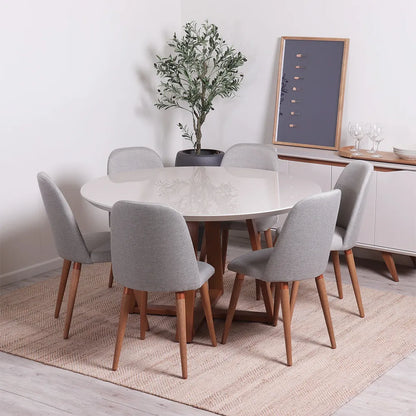 Mesa de Jantar Redonda c/ Vidro para 6 Lugares Bennett 135 cm - Natural c/ Off White Fosco