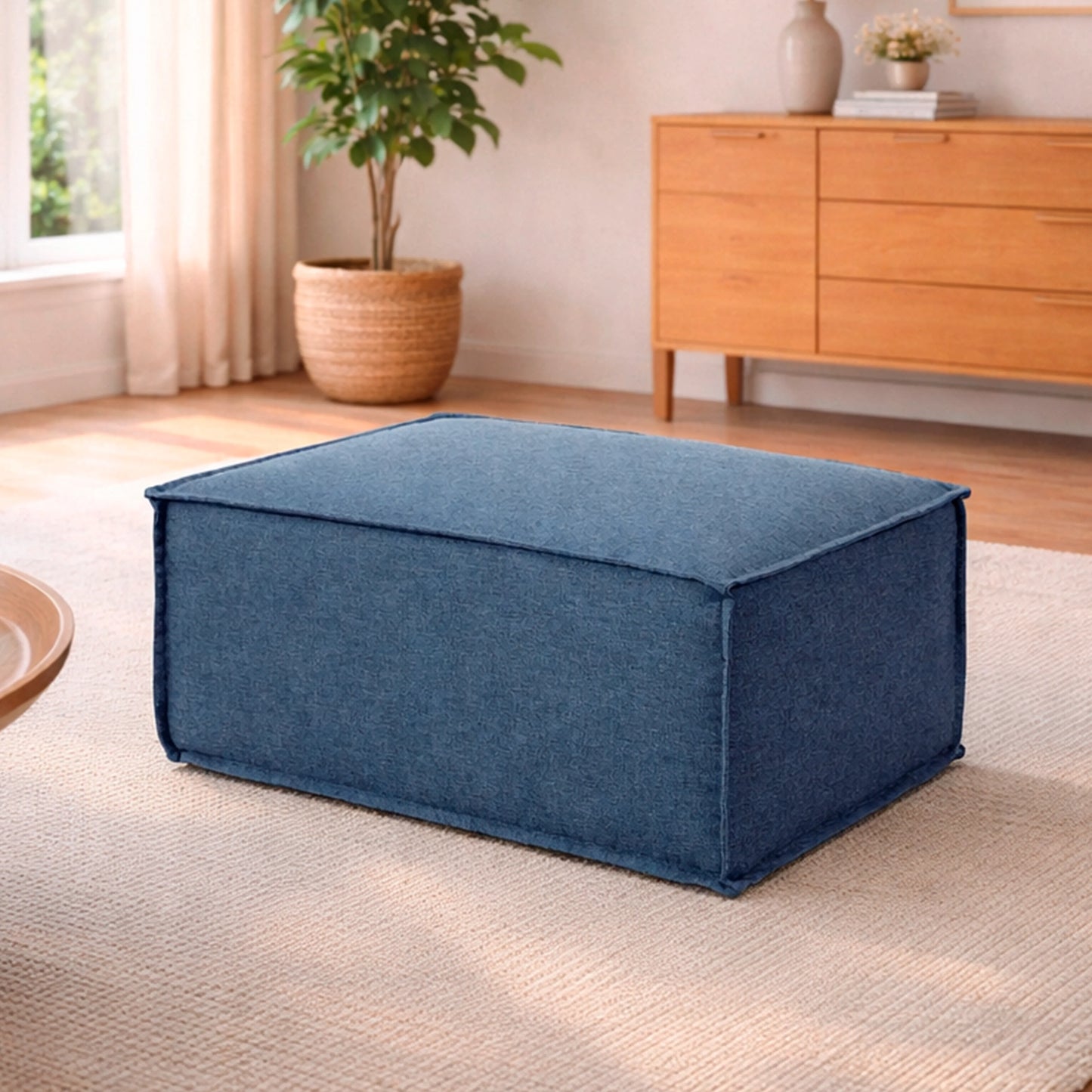 Puff Modular Estofado Freddo 80 cm - Linho Texturizado Azul