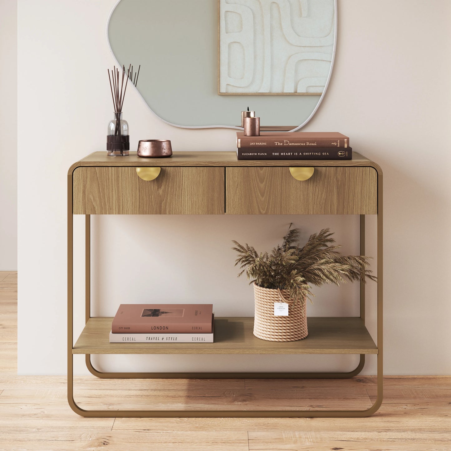 Aparador com 2 Gavetas Dunna 100 cm - Mel c/ Dourado