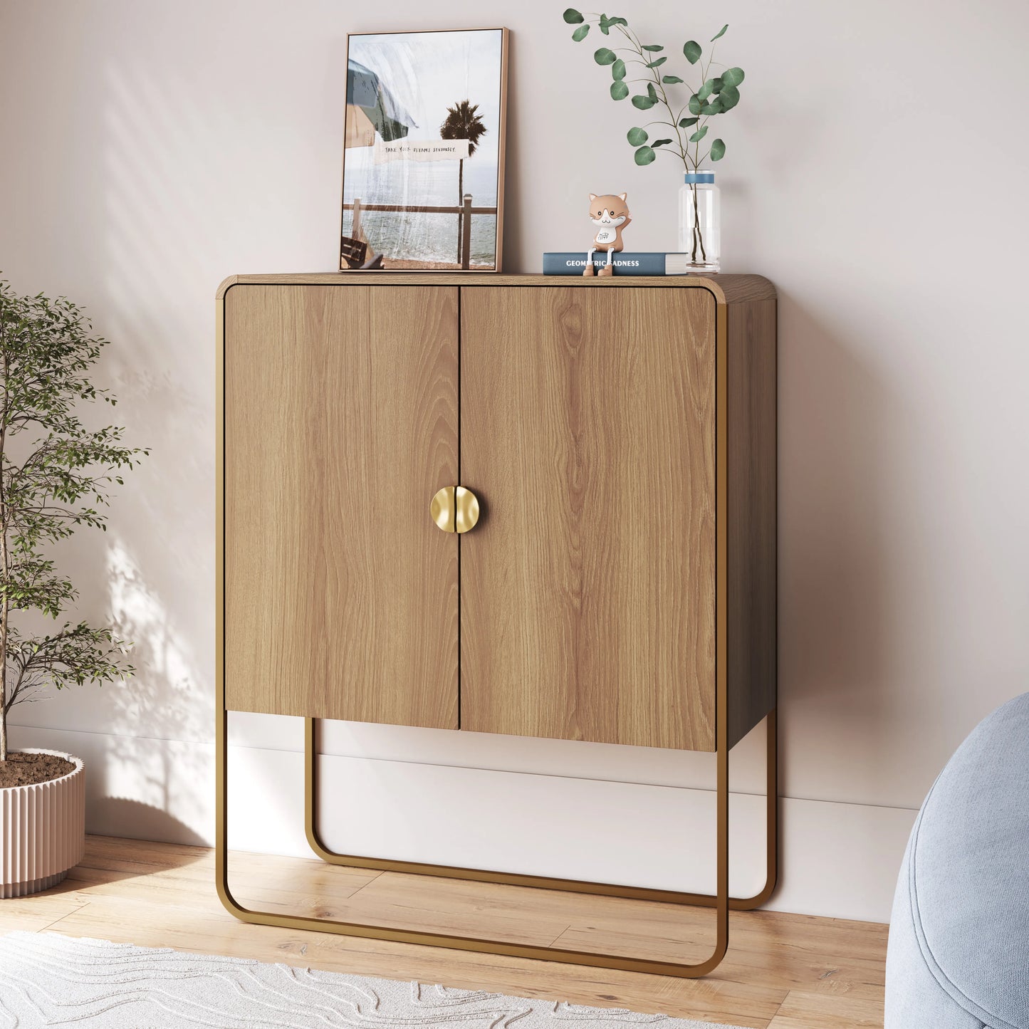 Balcão Buffet 2 Portas Dunna 90 cm - Mel c/ Dourado