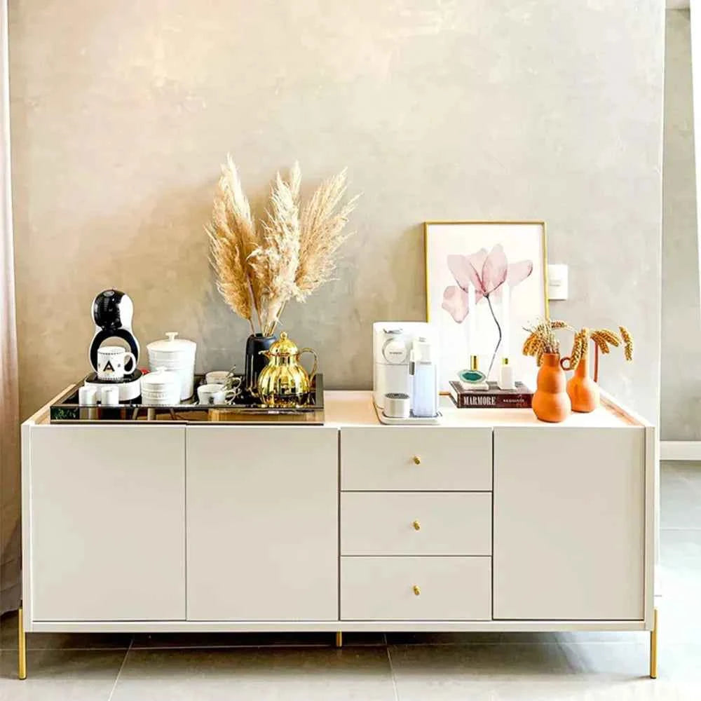 Buffet 3 Portas 3 Gavetas Jasper 184 cm - Off White c/ Dourado