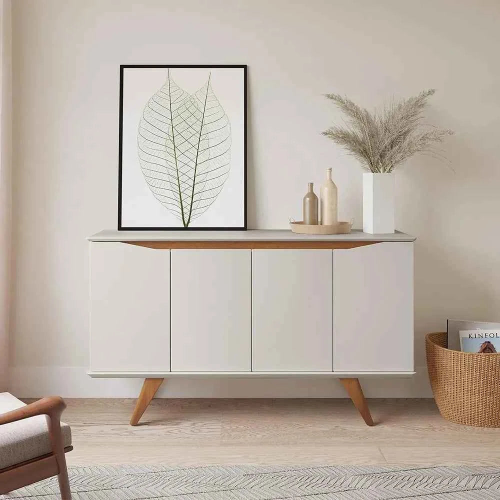 Buffet 4 Portas Pés Madeira Maciça Olive 135 cm - Off White Fosco c/ Natural
