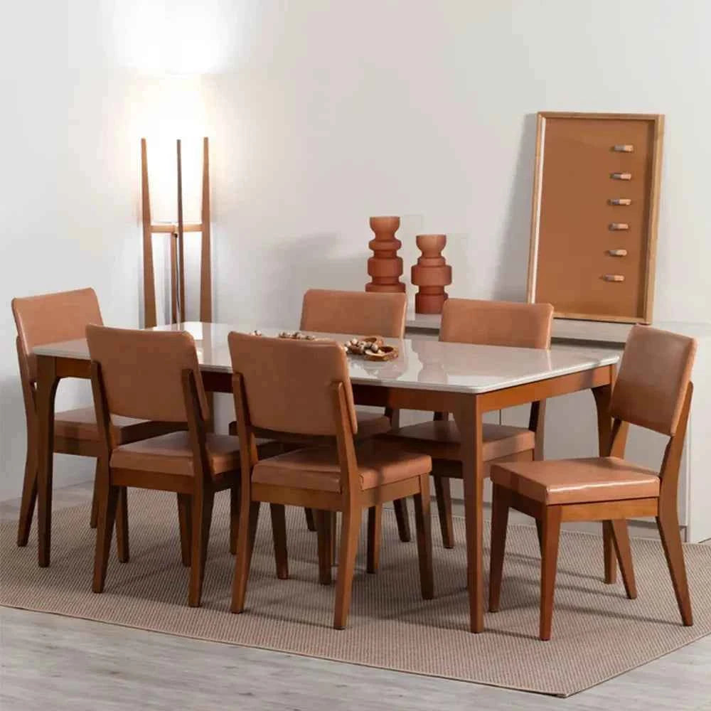 Conjunto de 6 Cadeiras de Madeira Maciça Estofada Ella - Natural c/ PU Caramelo (Cópia)