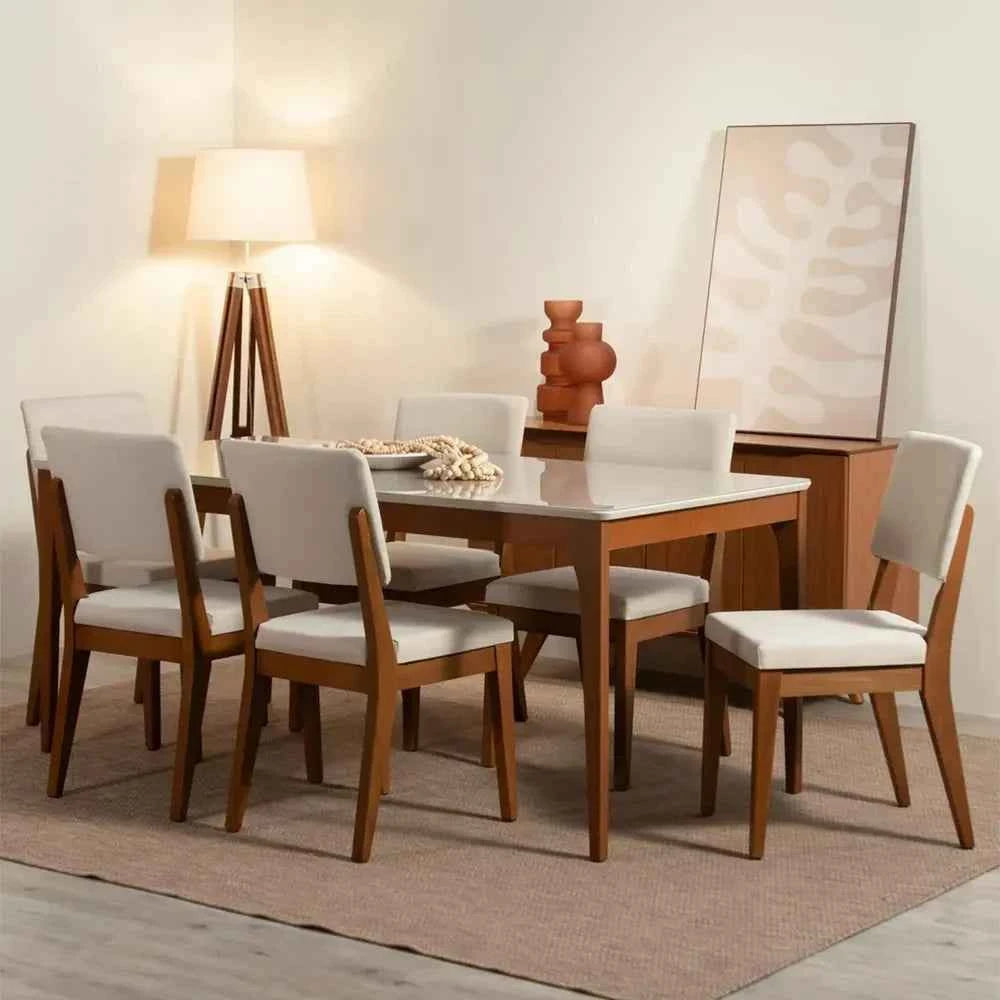 Conjunto de 6 Cadeiras de Madeira Maciça Estofada Ella - Natural c/ Linho Off White