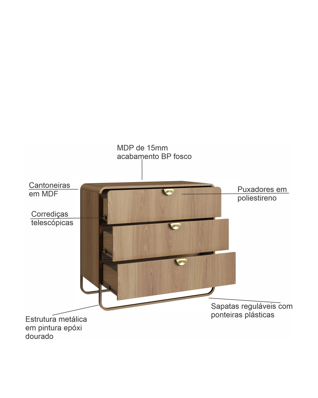 Cômoda com 3 Gavetas Dunna 90 cm - Mel c/ Dourado