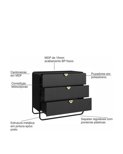 Cômoda 3 Gavetas Pés em Aço Dunna 90 cm - Preto c/ Dourado