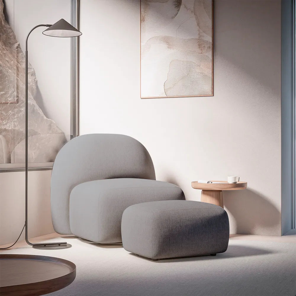 Conjunto Poltrona Giratória e Puff Estofados Aurora - Linho Texturizado Cinza