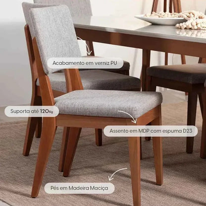 Conjunto com 8 Cadeiras de Madeira Maciça Estofada Ella - Natural c/ Linho Mescla Cinza