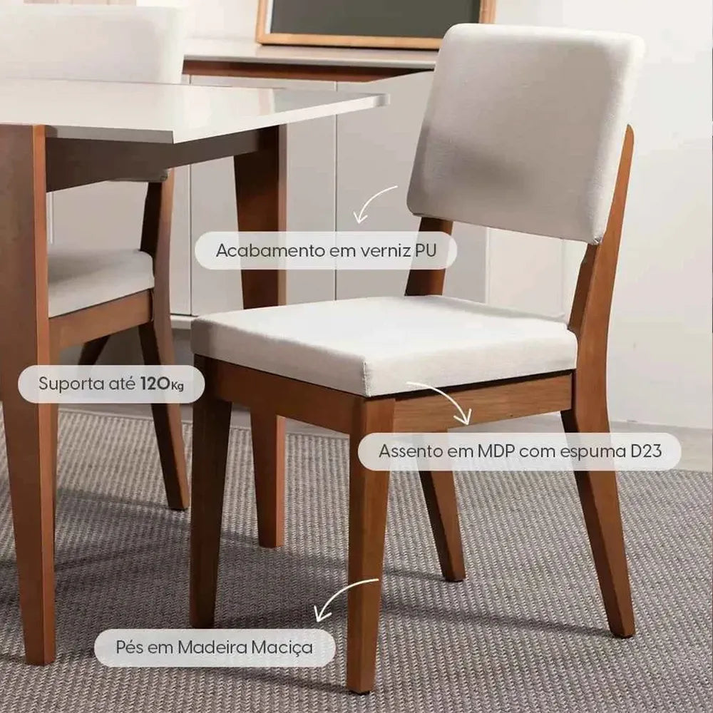 Conjunto com 8 Cadeiras de Madeira Maciça Estofada Ella - Natural c/ Linho Off White
