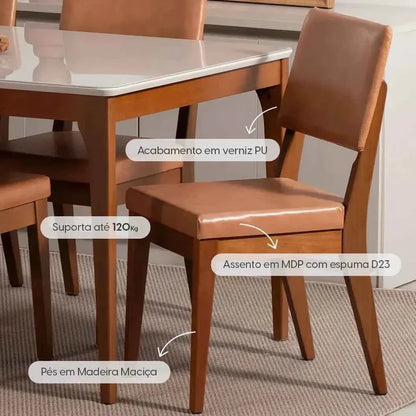Conjunto com 8 Cadeiras de Madeira Maciça Estofada Ella - Natural c/ PU Caramelo
