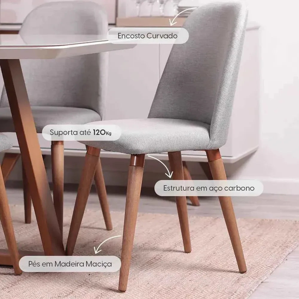 Conjunto com 8 Cadeiras de Madeira Maciça Estofada New Drop - Natural c/ Linho Cinza – Cobre