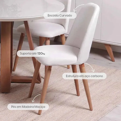 Conjunto com 8 Cadeiras de Madeira Maciça Estofada New Drop - Natural c/ Linho Off White - Cobre