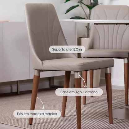 Conjunto de 4 Cadeiras de Madeira Maciça Estofada Lara - Natural c/ PU Fendi - Champanhe