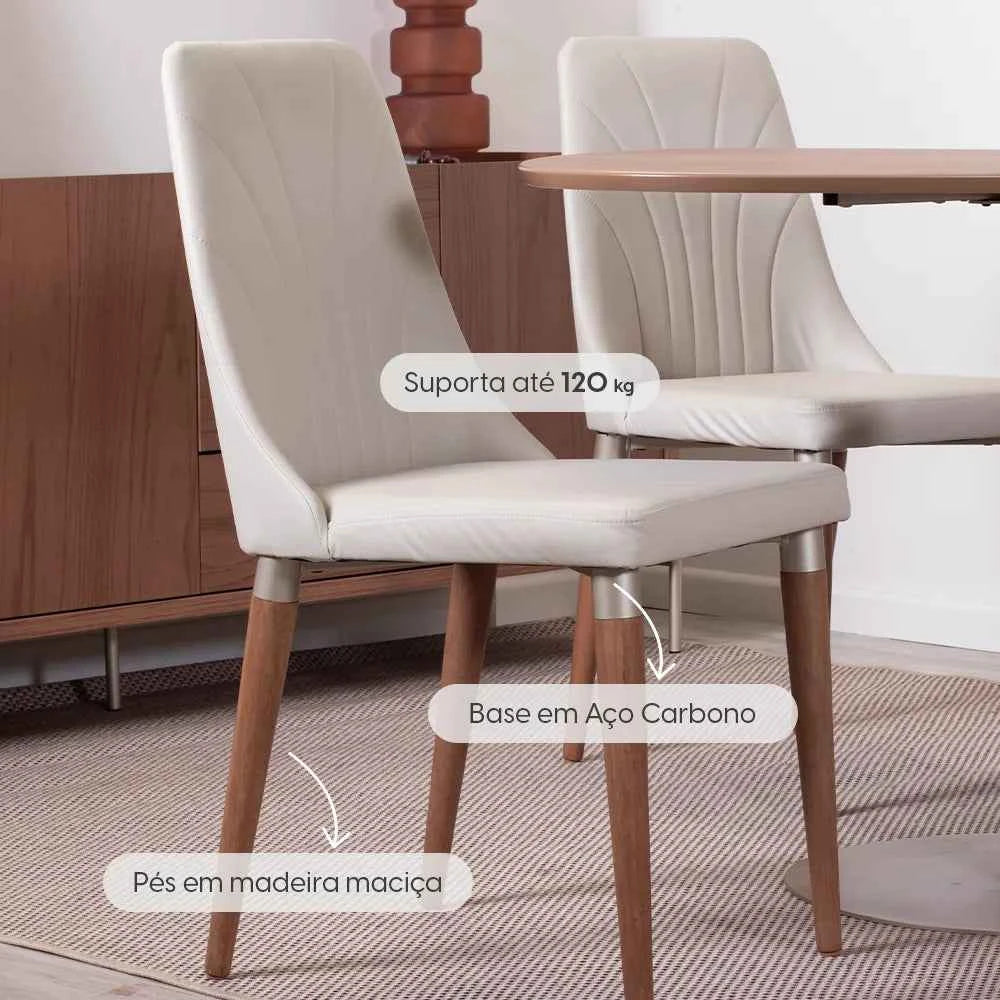 Conjunto de 4 Cadeiras de Madeira Maciça Estofada Lara - Natural c/ PU Off White - Champanhe