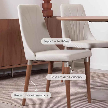 Conjunto de 4 Cadeiras de Madeira Maciça Estofada Lara - Natural c/ PU Off White - Champanhe