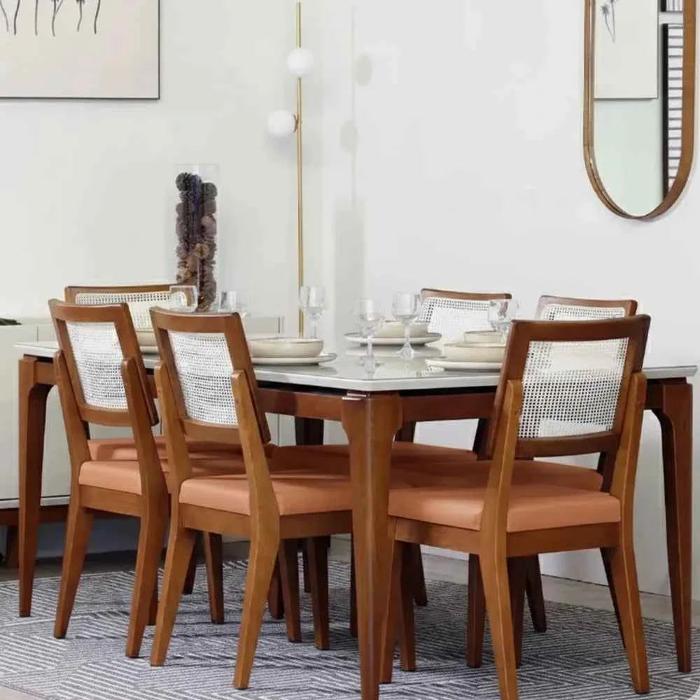 Conjunto de 4 Cadeiras de Madeira Maciça Estofada com Palhinha Saga - Natural c/ PU Caramelo