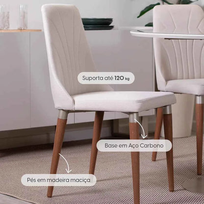 Conjunto de 8 Cadeiras de Madeira Maciça Estofada Lara - Natural c/ Linho Off White - Champanhe