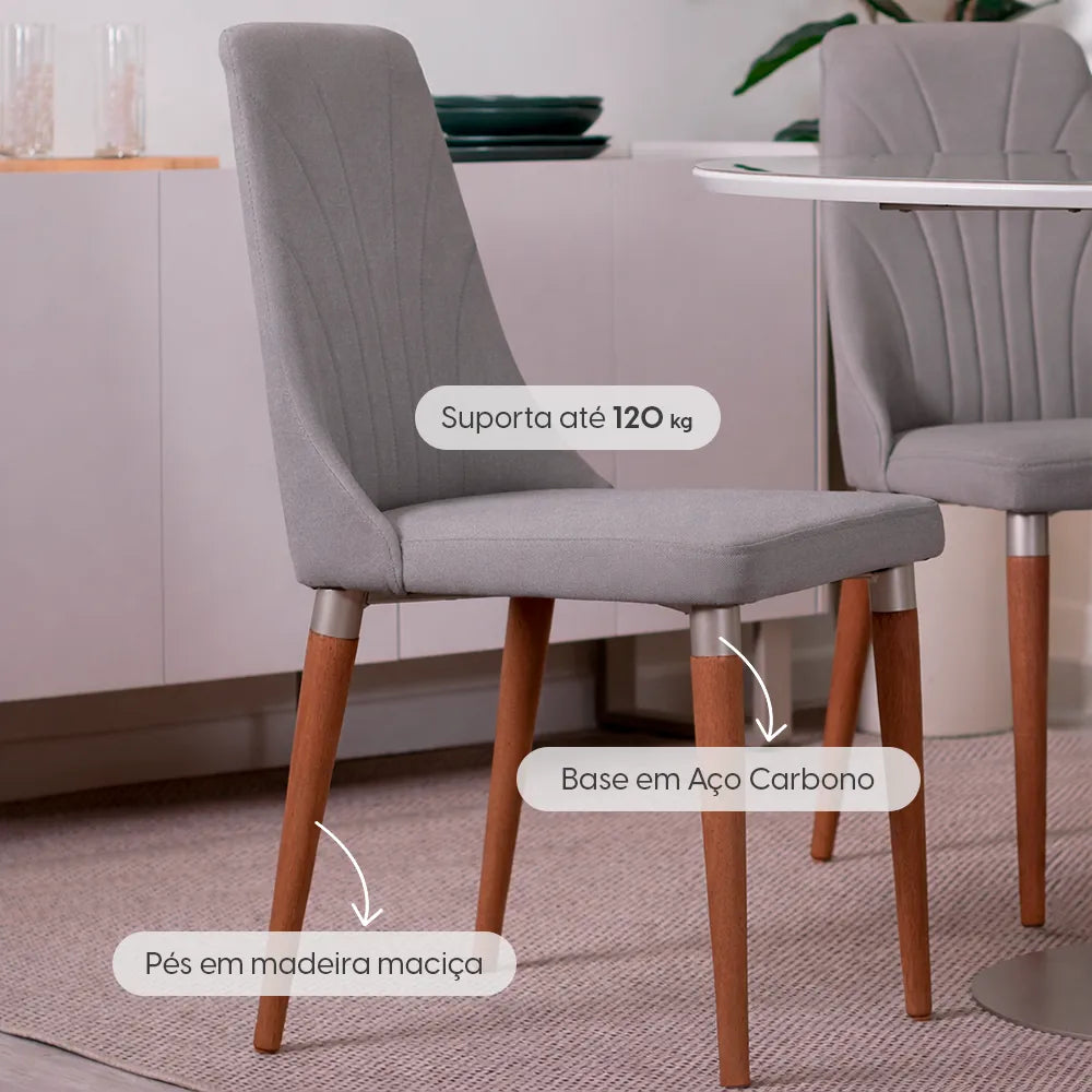 Conjunto de 8 Cadeiras de Madeira Maciça Estofada Lara - Natural c/ Linho Cinza - Champanhe